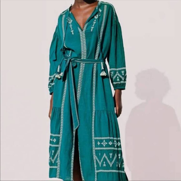 Zara NWT midi teal & white embroidered dress - Picture 2 of 5